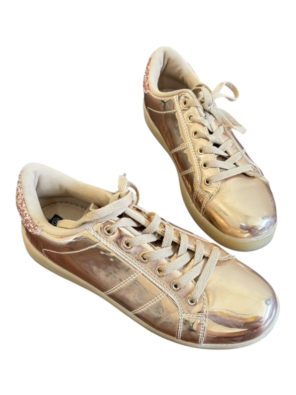Wild Diva Lounge Rose Gold Metallic Sneakers with Glitter Heel Size 7 1/2 7.5
